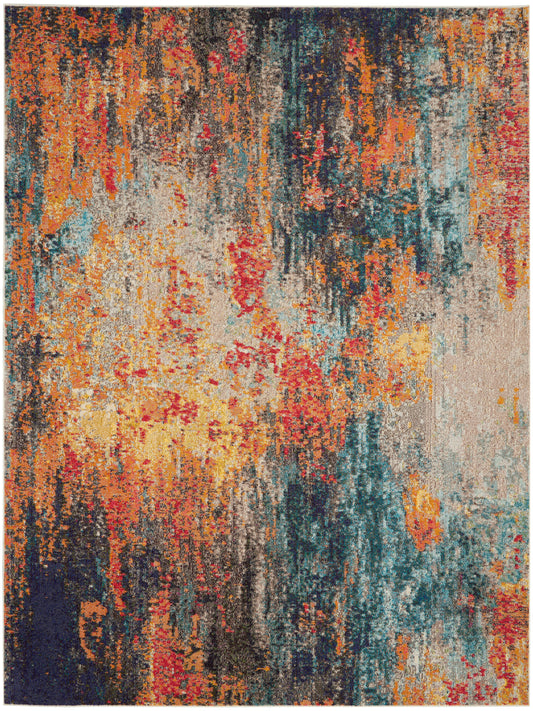 Abstract multicolor area rug with orange, teal, yellow, red and navy; distressed pattern, rectangular, modern decor.