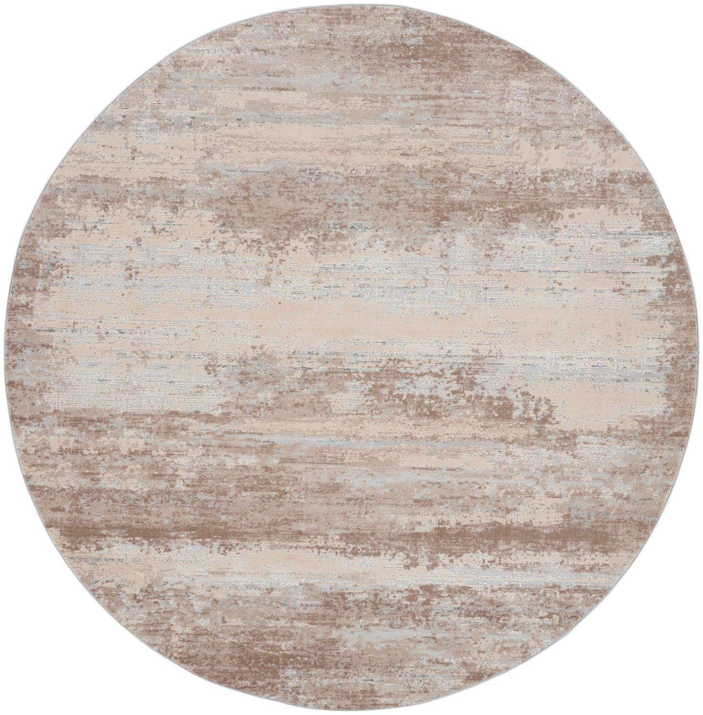 Round beige and taupe distressed-pattern area rug with a muted, weathered look.