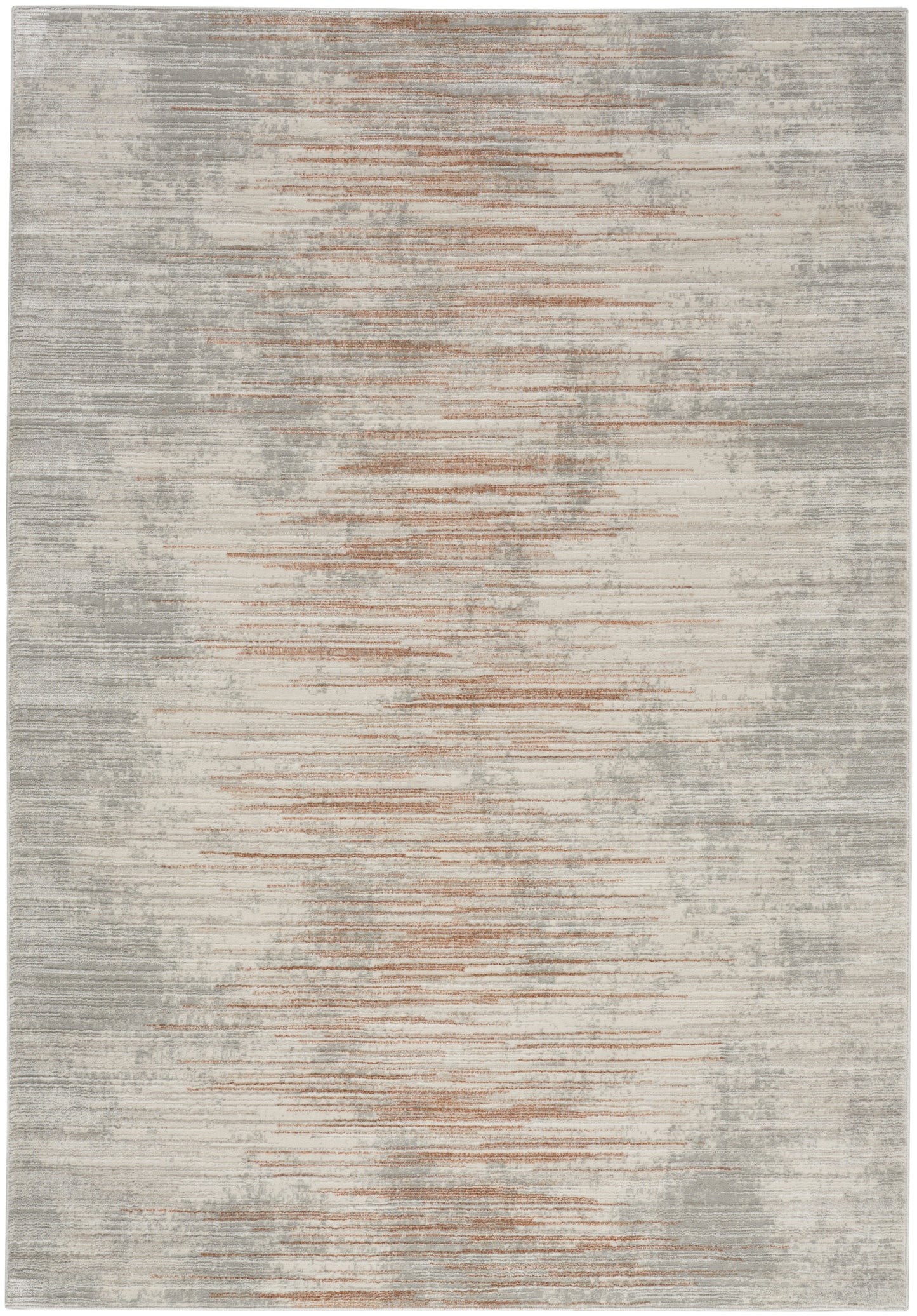 Rectangular area rug with a muted gray-beige base and rust horizontal streaks for a modern distressed look.