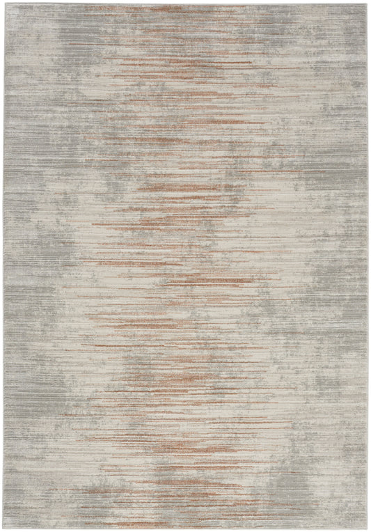 Rectangular area rug with a muted gray-beige base and rust horizontal streaks for a modern distressed look.