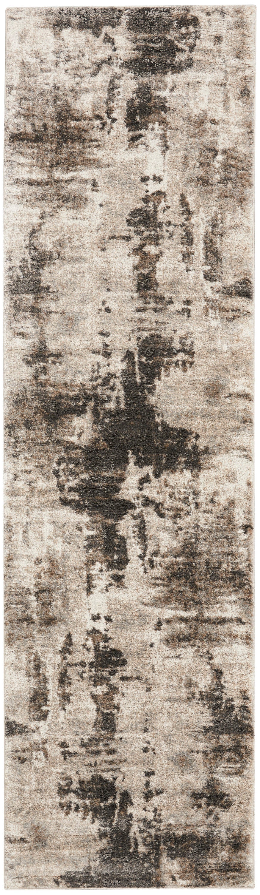 Modern abstract beige & charcoal runner rug with irregular vertical patches.