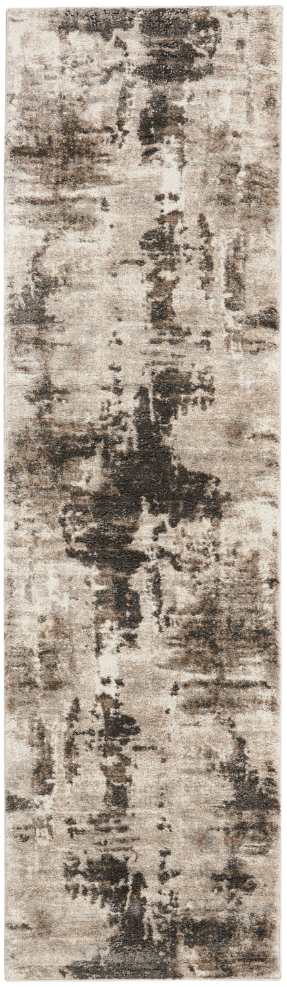 Modern abstract beige & charcoal runner rug with irregular vertical patches.