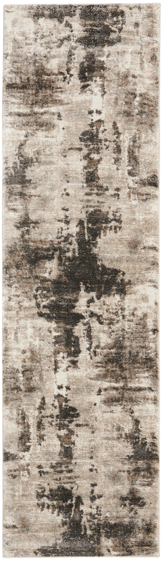 Modern abstract beige & charcoal runner rug with irregular vertical patches.