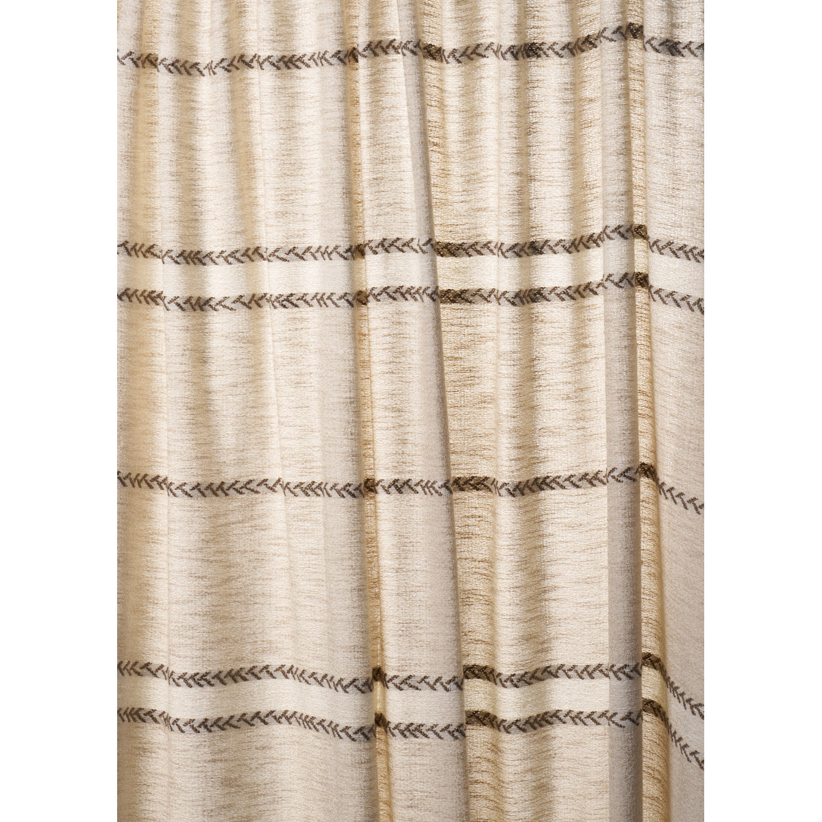 Beige woven curtain with brown braided horizontal stripe patterns and soft folds.