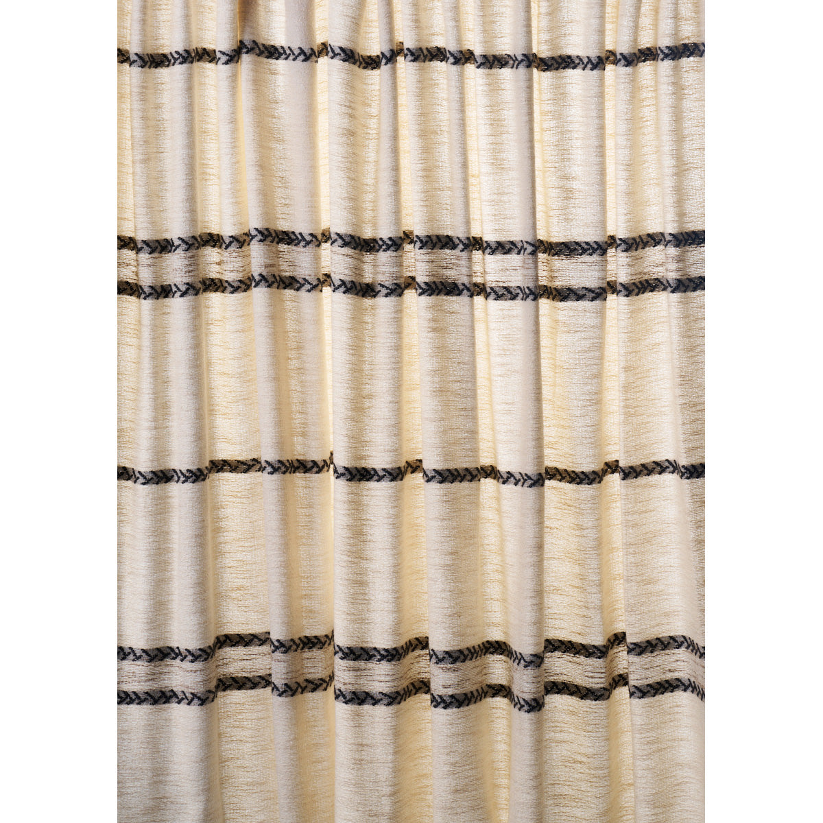 Cream textured curtain with evenly spaced black braided stripes across the fabric; soft woven window panel.
