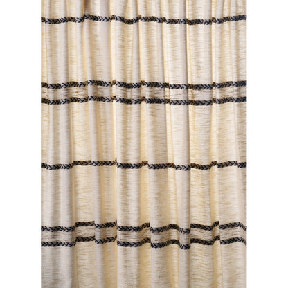 Cream textured curtain with evenly spaced black braided stripes across the fabric; soft woven window panel.