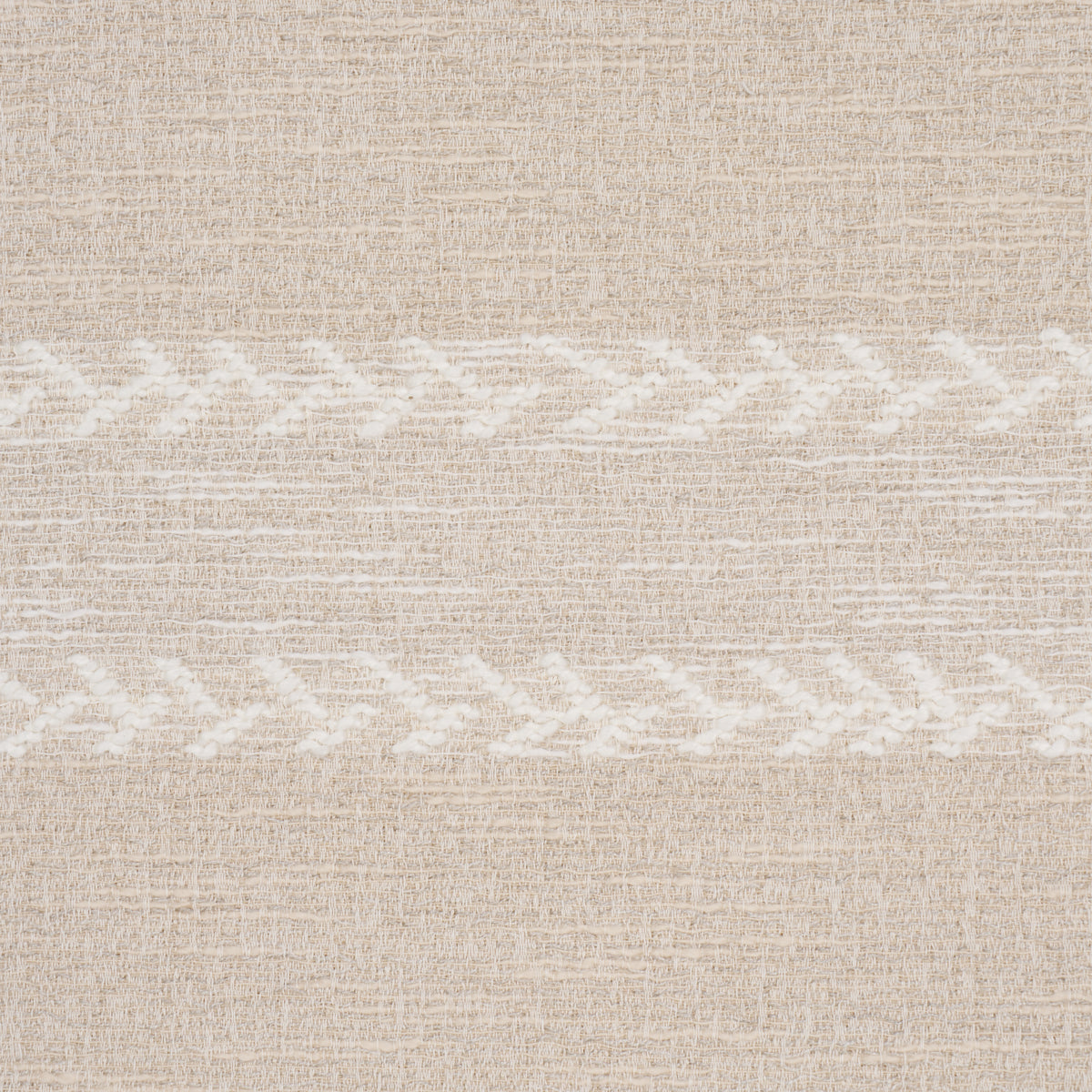 Beige linen fabric with white zigzag embroidery bands & rustic textured textile for upholstery or drapery.