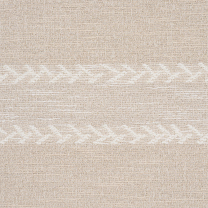 Beige linen fabric with white zigzag embroidery bands & rustic textured textile for upholstery or drapery.