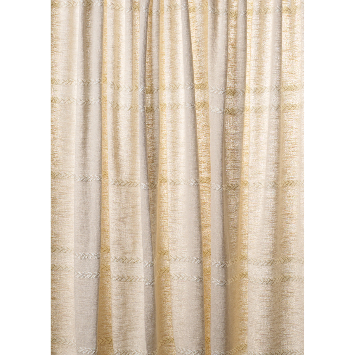 Beige textured curtain panels with subtle horizontal braided stripes and soft drape.