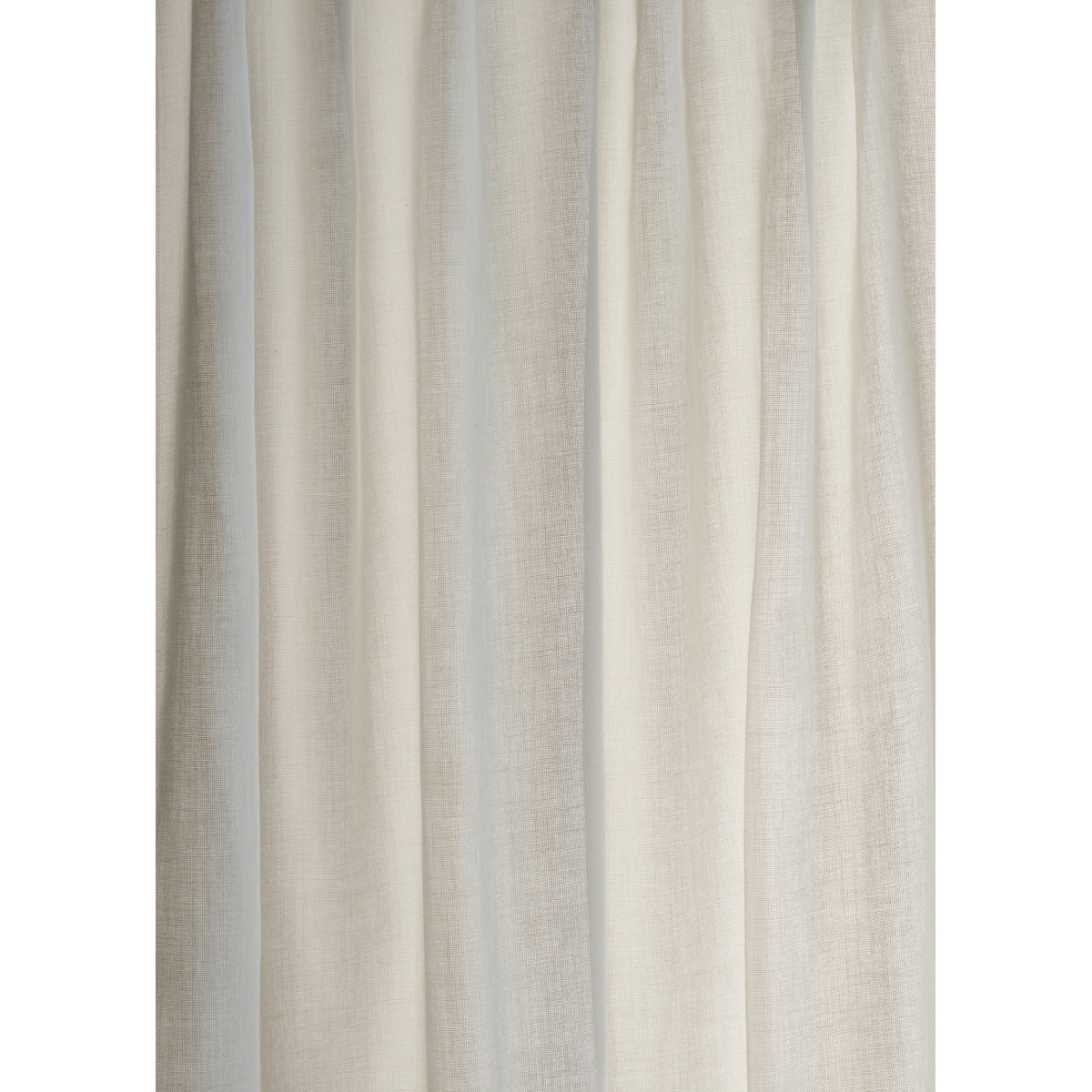 Beige linen-look curtain panel with soft vertical folds, light neutral window drape.