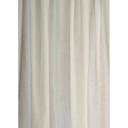 Beige linen-look curtain panel with soft vertical folds, light neutral window drape.