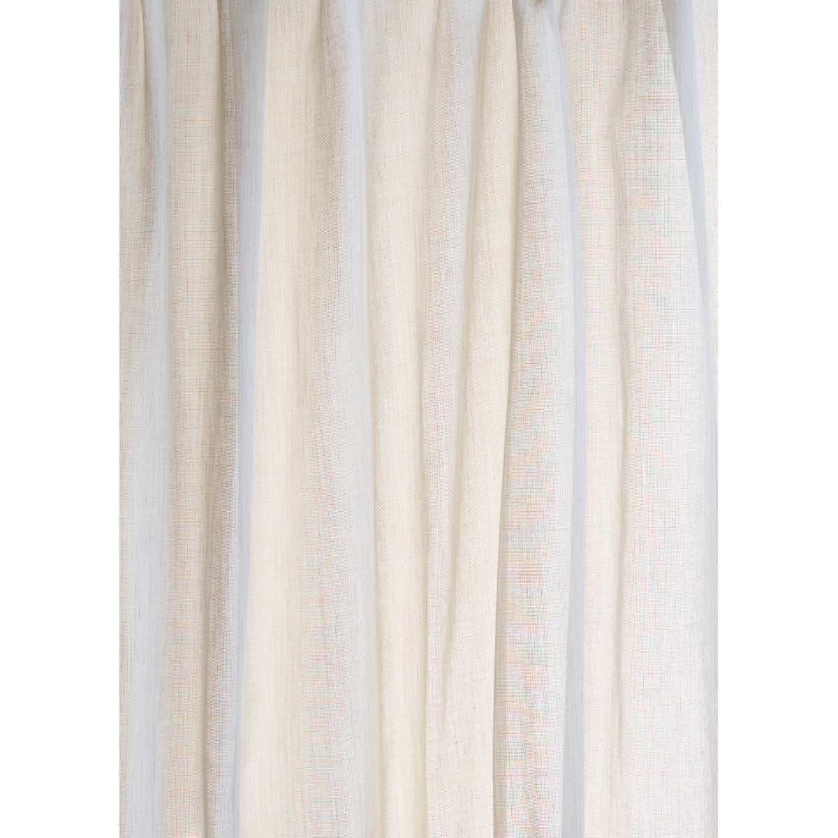 Ivory linen curtain panel with soft vertical pleats and natural textured fabric.