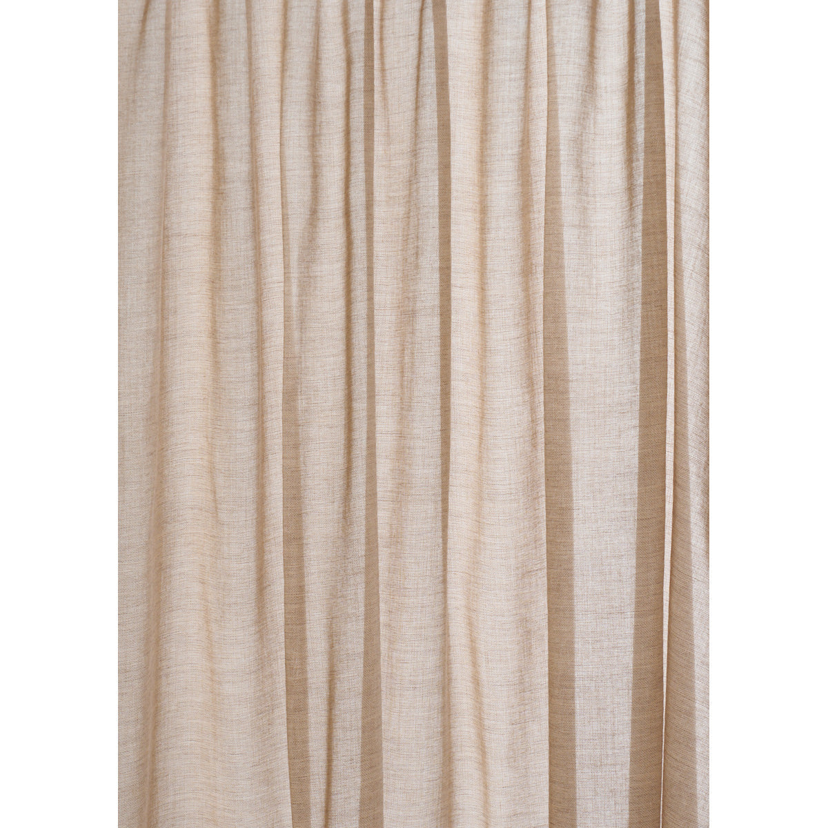 Beige linen curtain with soft vertical folds, lightweight and airy, ideal for living room or bedroom.