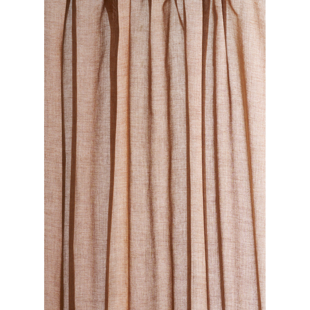 Beige linen curtain with vertical folds, warm peach hue and lightweight drape.