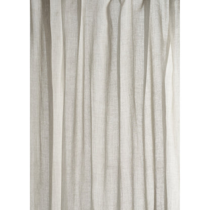 Cream linen curtain panel with soft vertical pleats and natural woven texture, full-length.