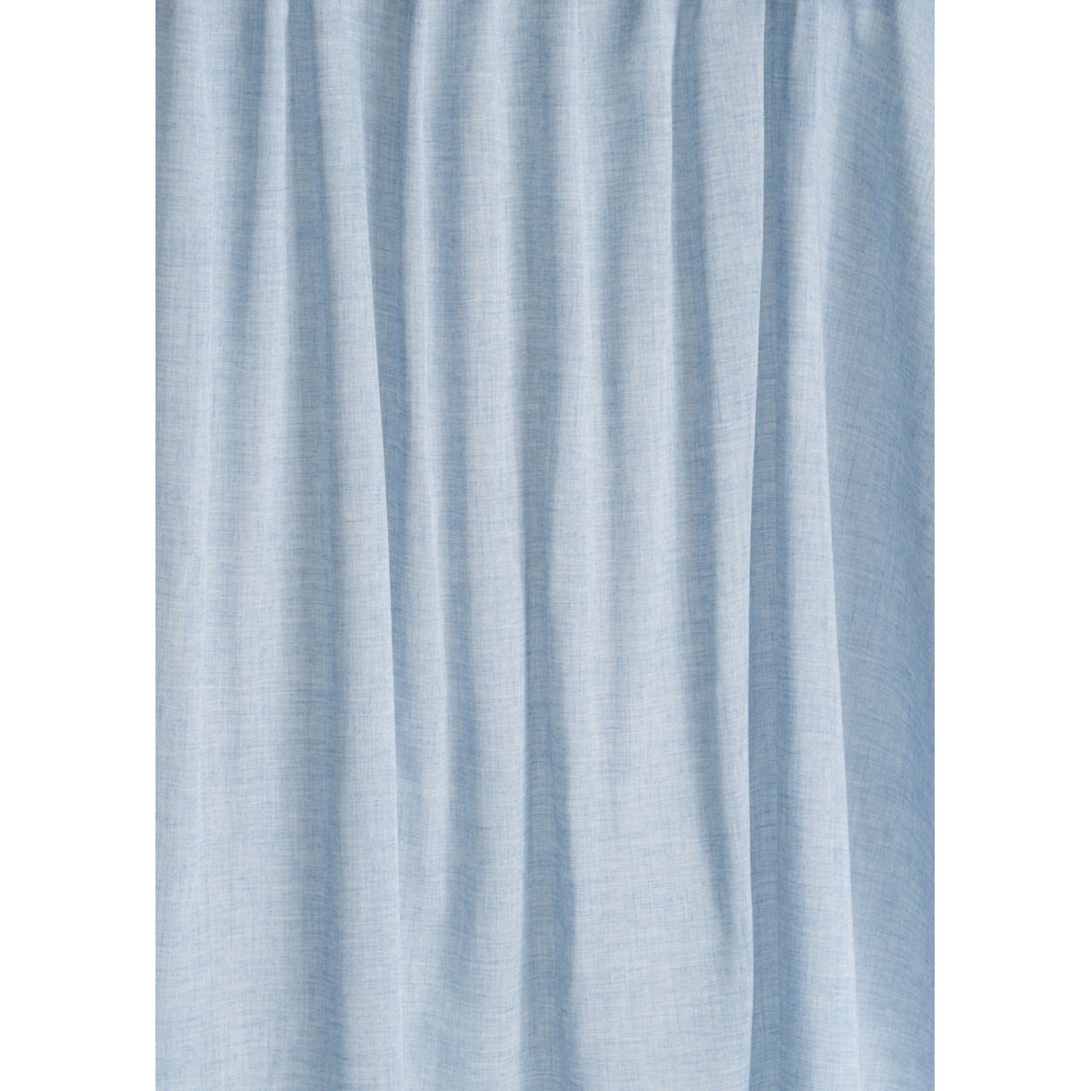Light blue linen-textured curtain with soft vertical pleats and flowing drape.
