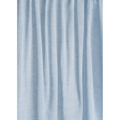 Light blue linen-textured curtain with soft vertical pleats and flowing drape.
