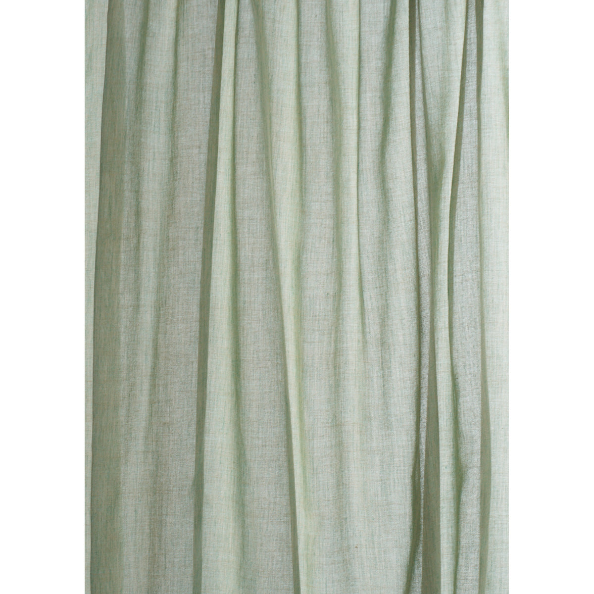 Light sage-green linen curtain panel with soft vertical folds and natural textured drape.