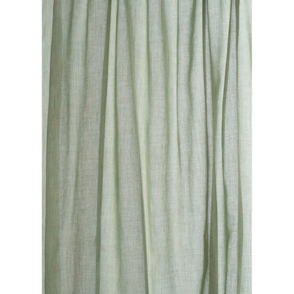 Light sage-green linen curtain panel with soft vertical folds and natural textured drape.