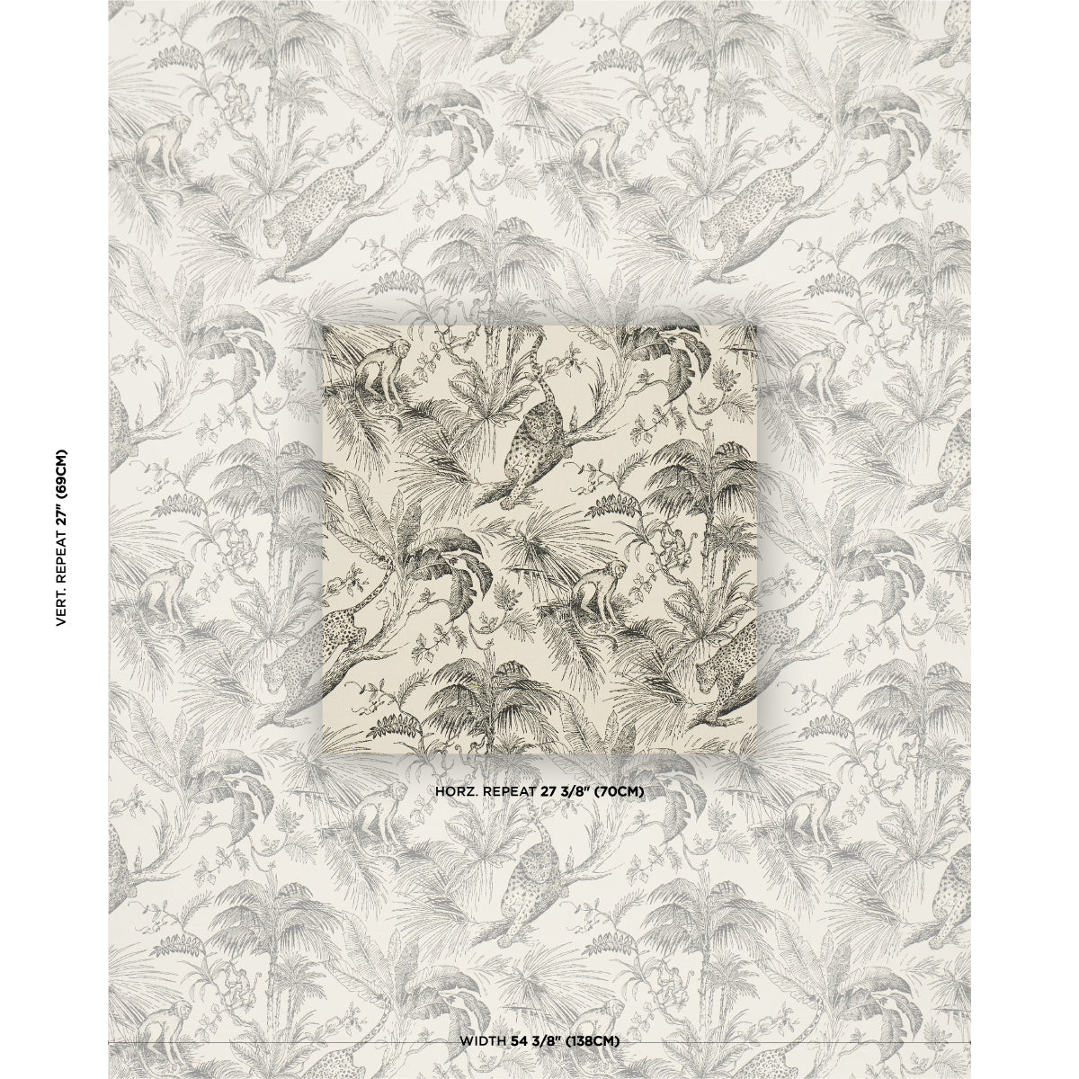 Monochrome tropical toile wallpaper with monkeys and palm trees; repeating pattern on cream background.