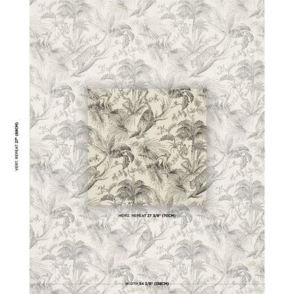 Monochrome tropical toile wallpaper with monkeys and palm trees; repeating pattern on cream background.
