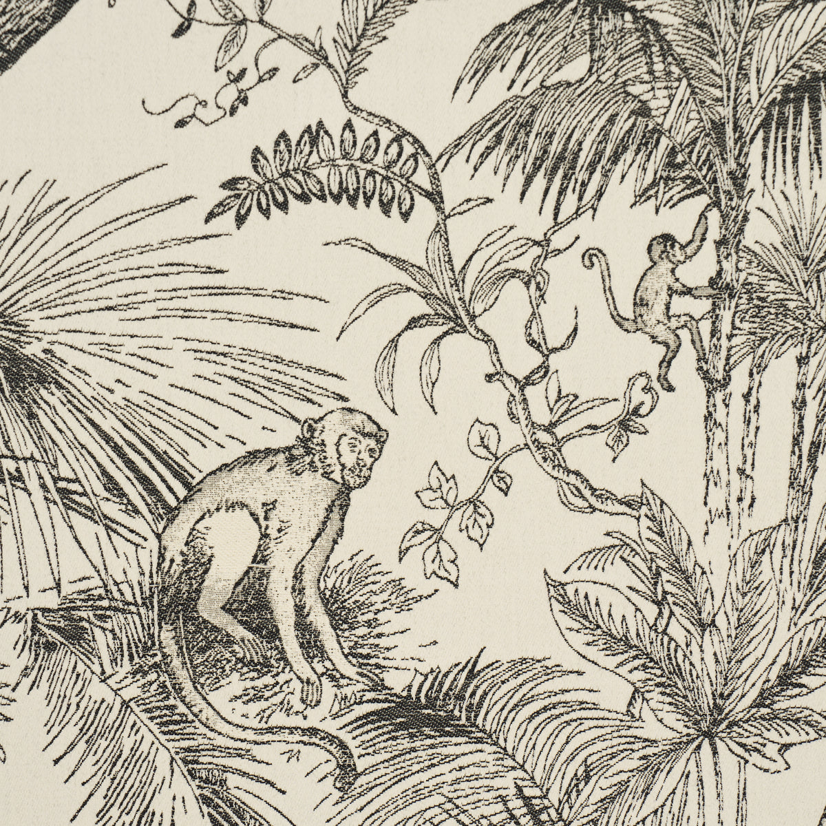 Beige fabric with black jungle line art of monkeys, palms and vines; vintage botanical print for upholstery or wallpaper.