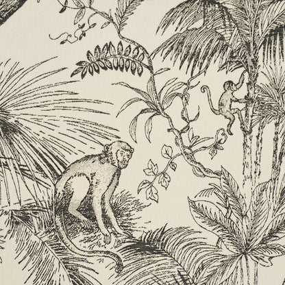 Beige fabric with black jungle line art of monkeys, palms and vines; vintage botanical print for upholstery or wallpaper.