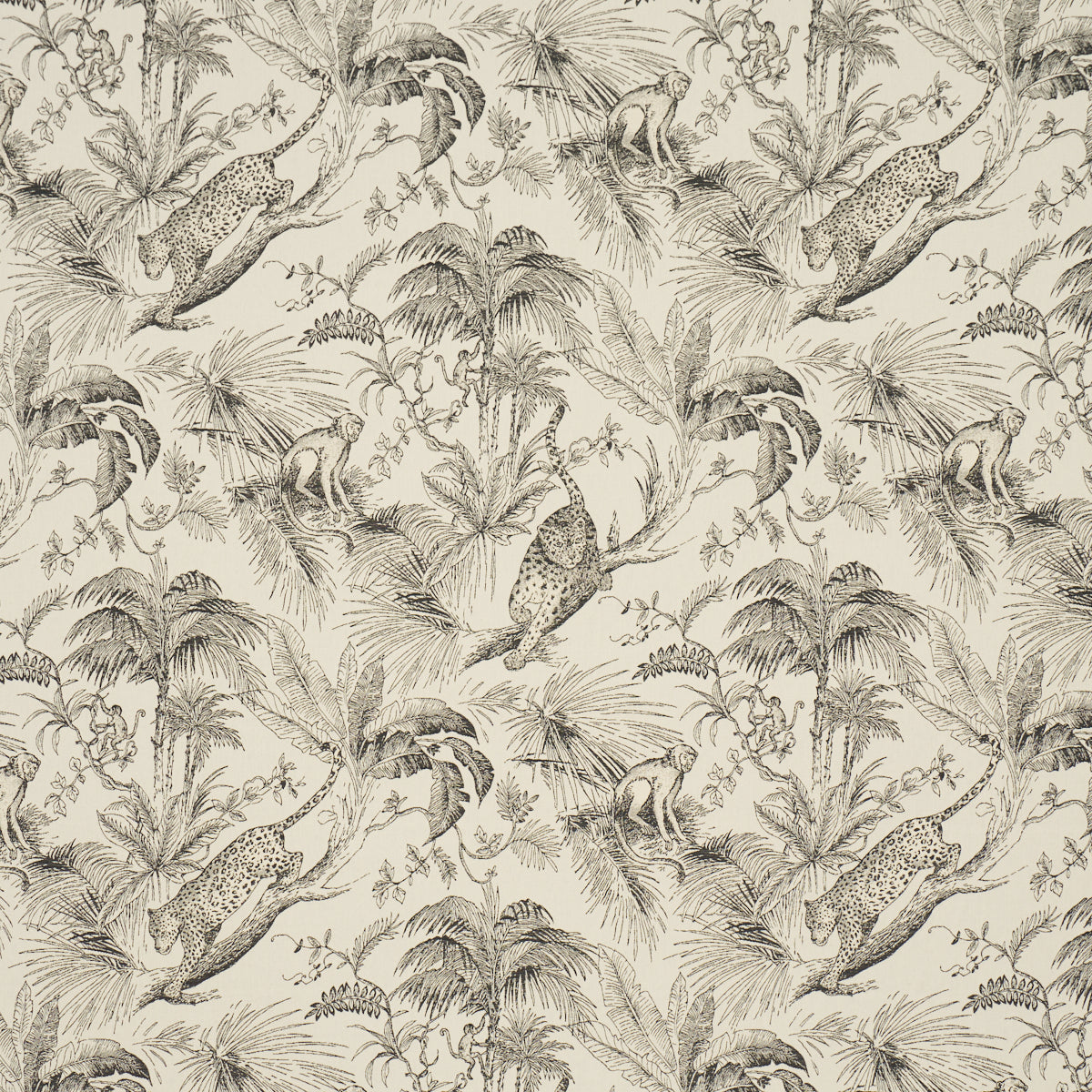 Beige safari toile pattern with leopards and palm trees; monochrome line art for wallpaper or fabric.