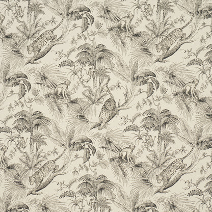 Beige safari toile pattern with leopards and palm trees; monochrome line art for wallpaper or fabric.
