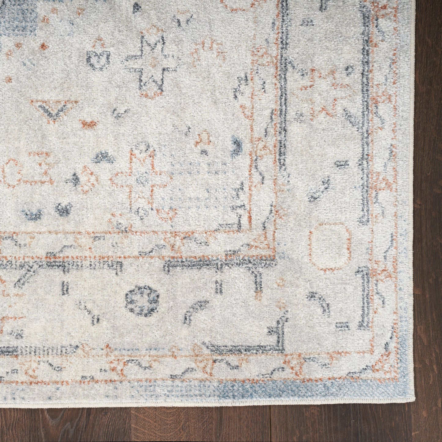 Distressed cream rug with pale blue and coral-orange detailing and ornate border on dark wood floor.