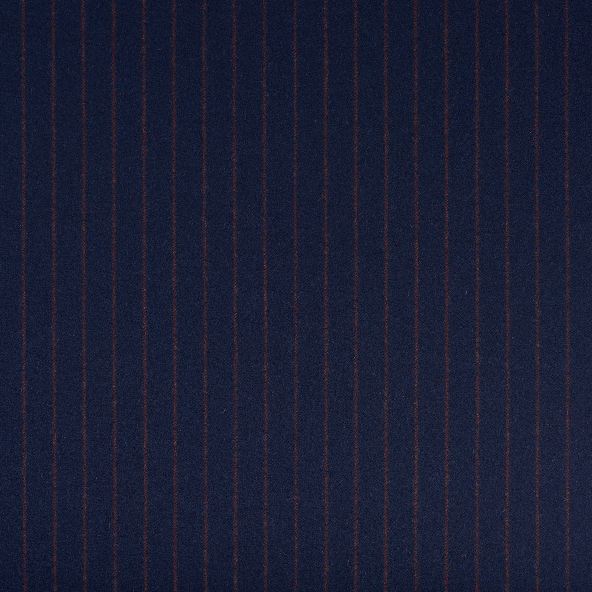Dark navy fabric with thin brown vertical pinstripes, soft textile for suits or upholstery.