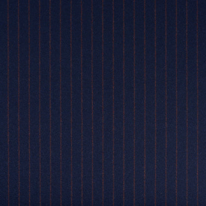 Dark navy fabric with thin brown vertical pinstripes, soft textile for suits or upholstery.