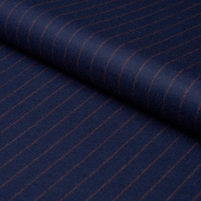 Navy blue pinstripe fabric with thin copper-brown stripes, rolled edge, suited for jackets and trousers.