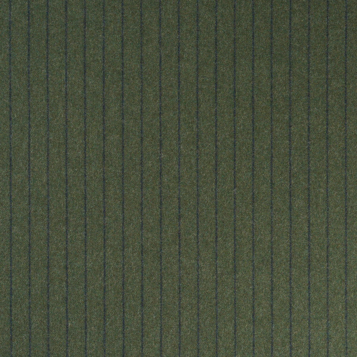 Olive green fabric with thin dark vertical pinstripes and a soft wool-like texture.