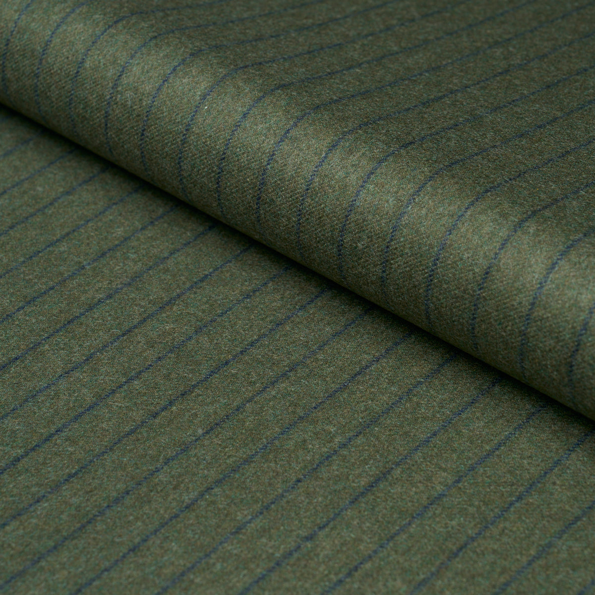Olive green wool suiting fabric with thin blue pinstripes, rolled bolt.