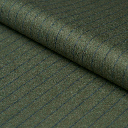 Olive green wool suiting fabric with thin blue pinstripes, rolled bolt.