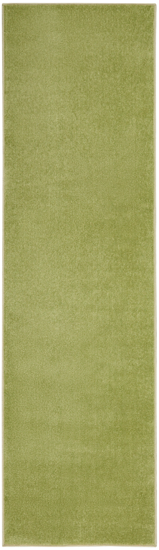 Olive green outdoor 8' runner rug, narrow rectangular with beige edging.