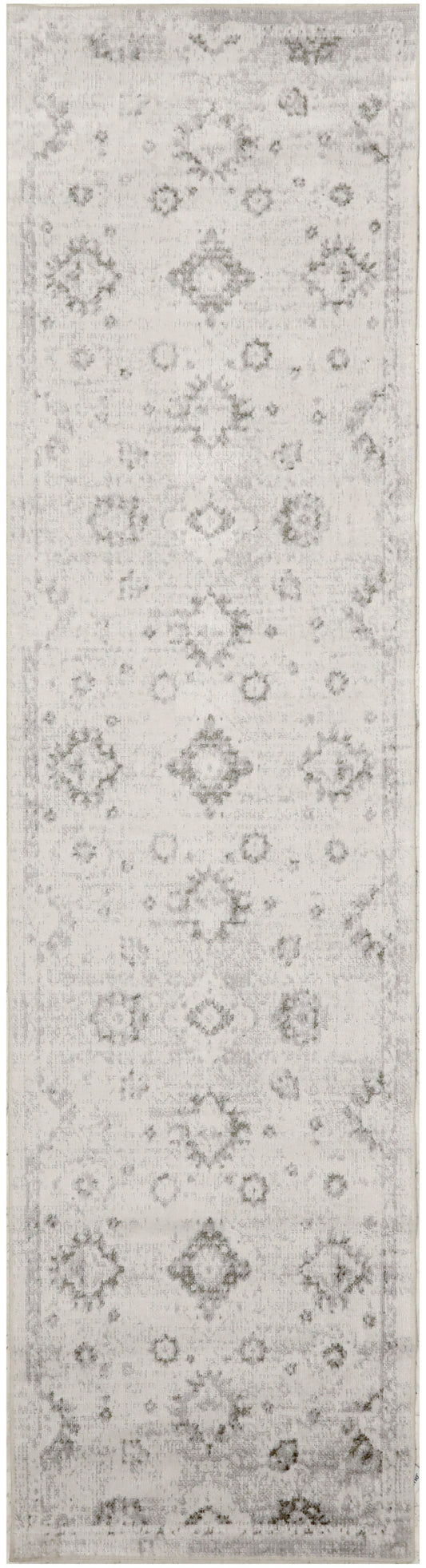 Long narrow vintage rug runner in light gray and ivory with distressed floral medallions and diamonds; subtle border.