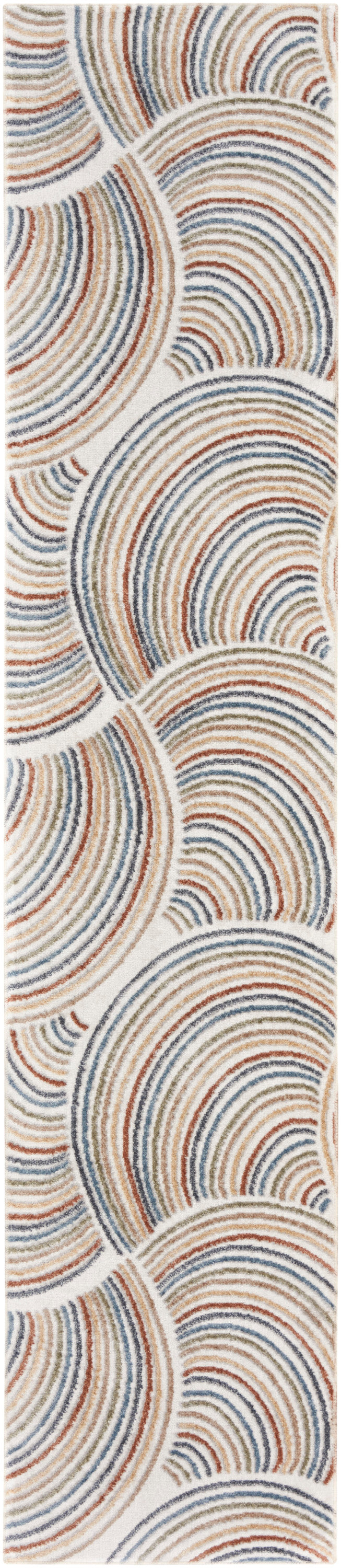 Mid-Century Modern rug runner with repeating curved arcs in orange and blue on a cream background.