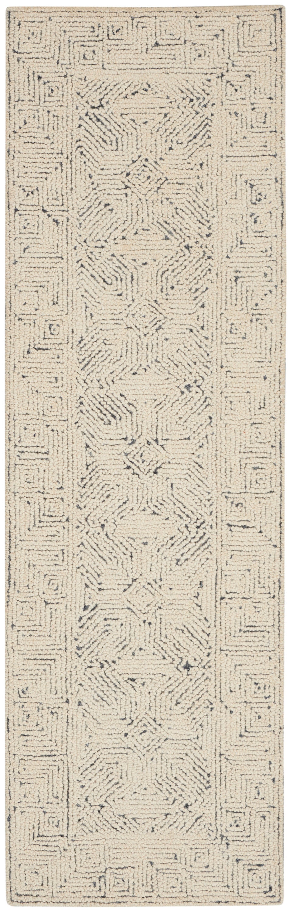 Cream shag rug with blue-gray geometric border and central motifs; soft, textured rectangular area rug for living spaces.