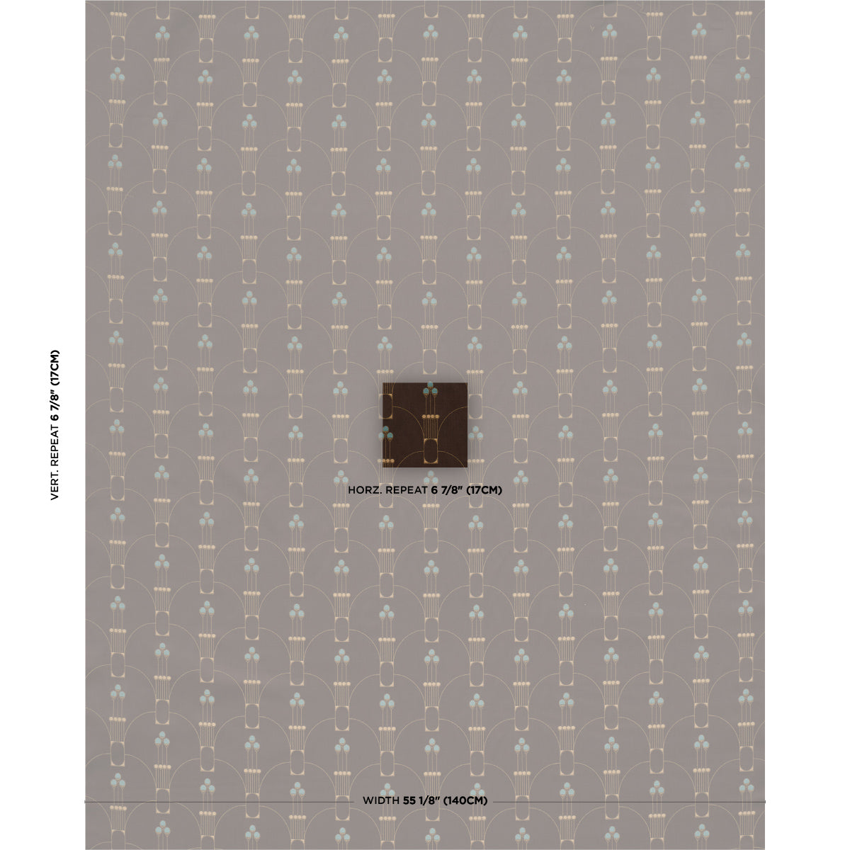 Taupe wallpaper with repeating Art Deco arch lattice in beige & pale blue dots; 55 1/8" wide, 6 7/8" repeats.