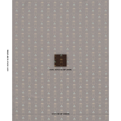 Taupe wallpaper with repeating Art Deco arch lattice in beige & pale blue dots; 55 1/8" wide, 6 7/8" repeats.