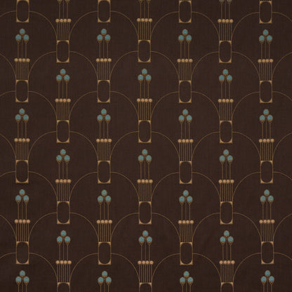 Dark brown wallpaper with repeating gold Art Deco arches and vertical stems topped by teal blue buds.