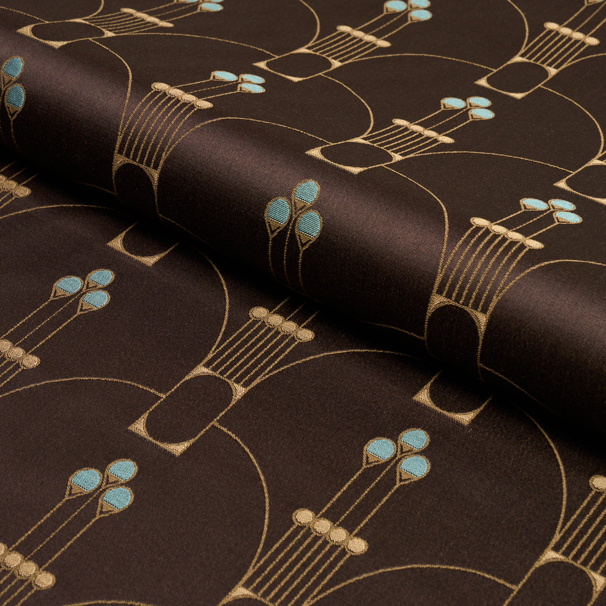 Brown satin fabric with gold stringed guitar motifs and light blue accents, retro elegant pattern.
