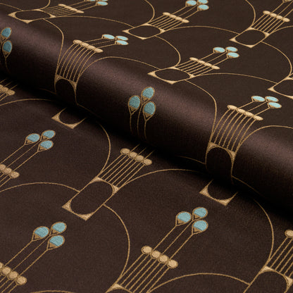 Brown satin fabric with gold stringed guitar motifs and light blue accents, retro elegant pattern.