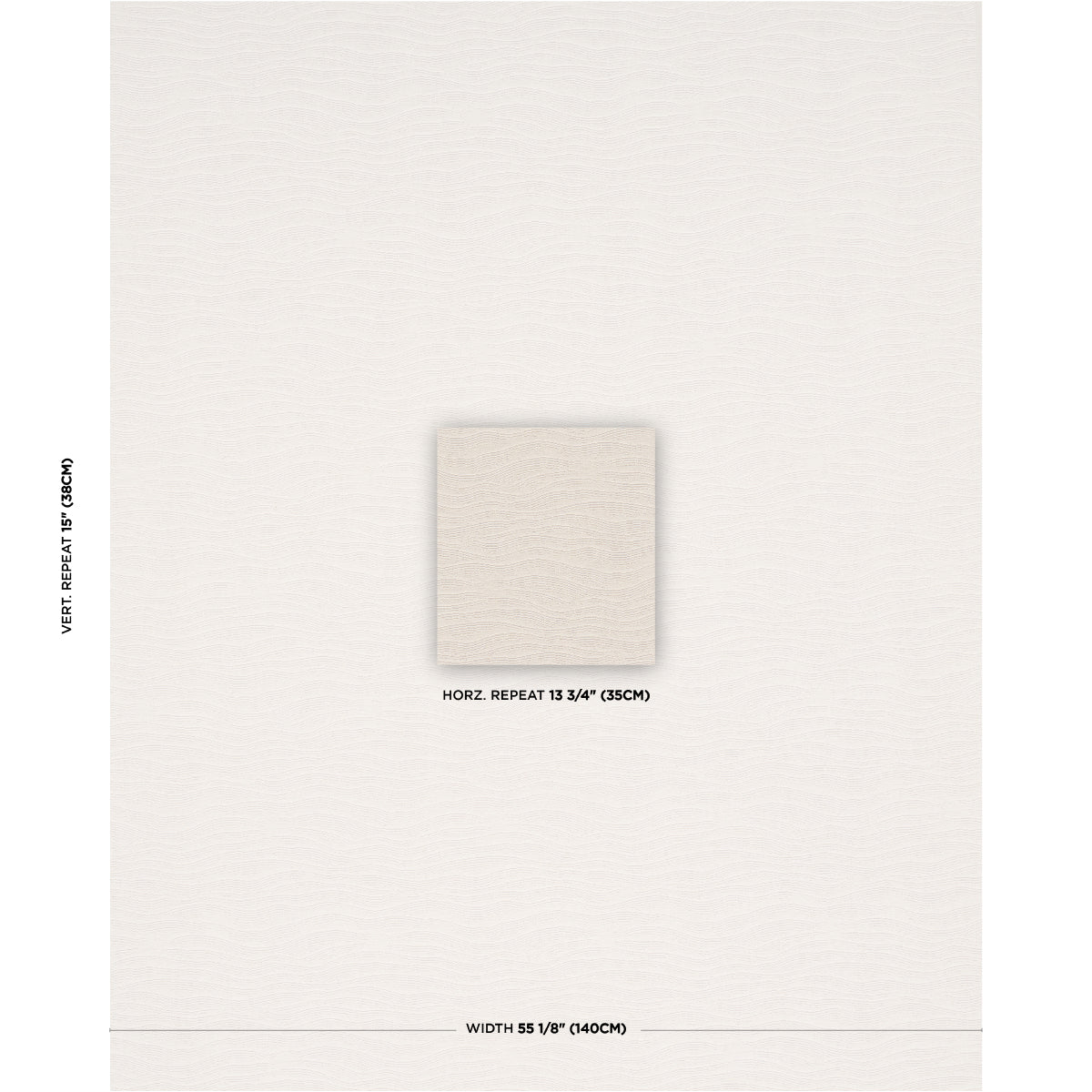 Cream textured wallpaper swatch with subtle waves, centered beige square tile, vertical/horizontal repeat notes, width line.