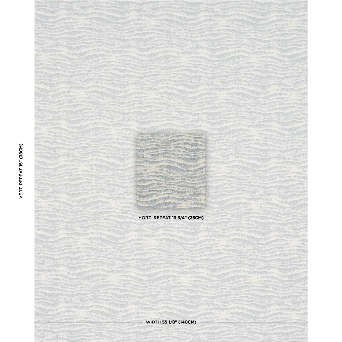 Soft blue-gray fabric with subtle horizontal wavy lines and a centered square patch; ideal for upholstery.