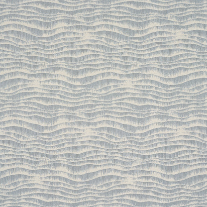 Light blue and ivory ripple-woven fabric with wavy horizontal stripes; textile swatch.