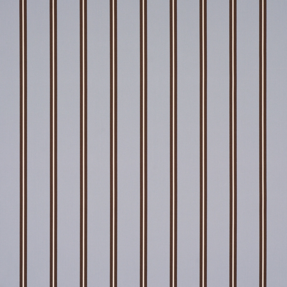 Gray-blue striped wallpaper with tall brown vertical lines and thin tan accents.