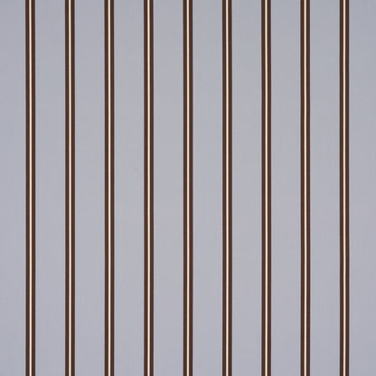 Gray-blue striped wallpaper with tall brown vertical lines and thin tan accents.